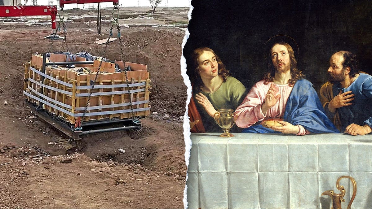 Split image of mikveh removed with crane, Jesus at Last Supper