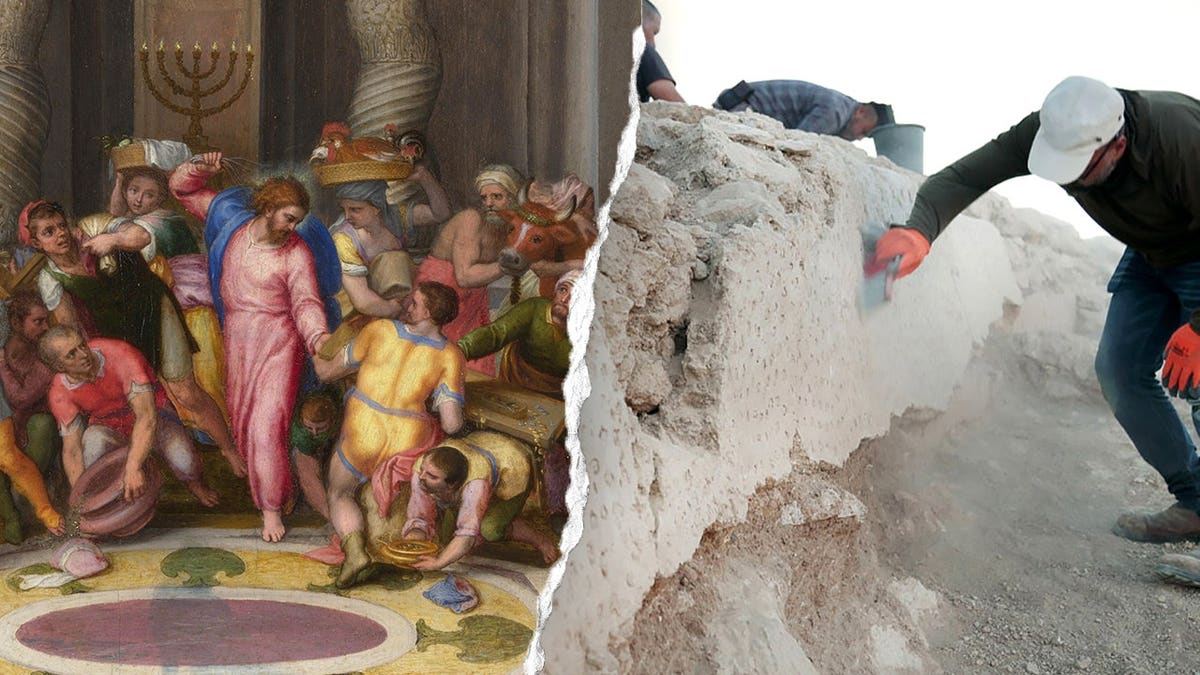 Split image of painting of Jesus in temple, close-up view of aqueduct