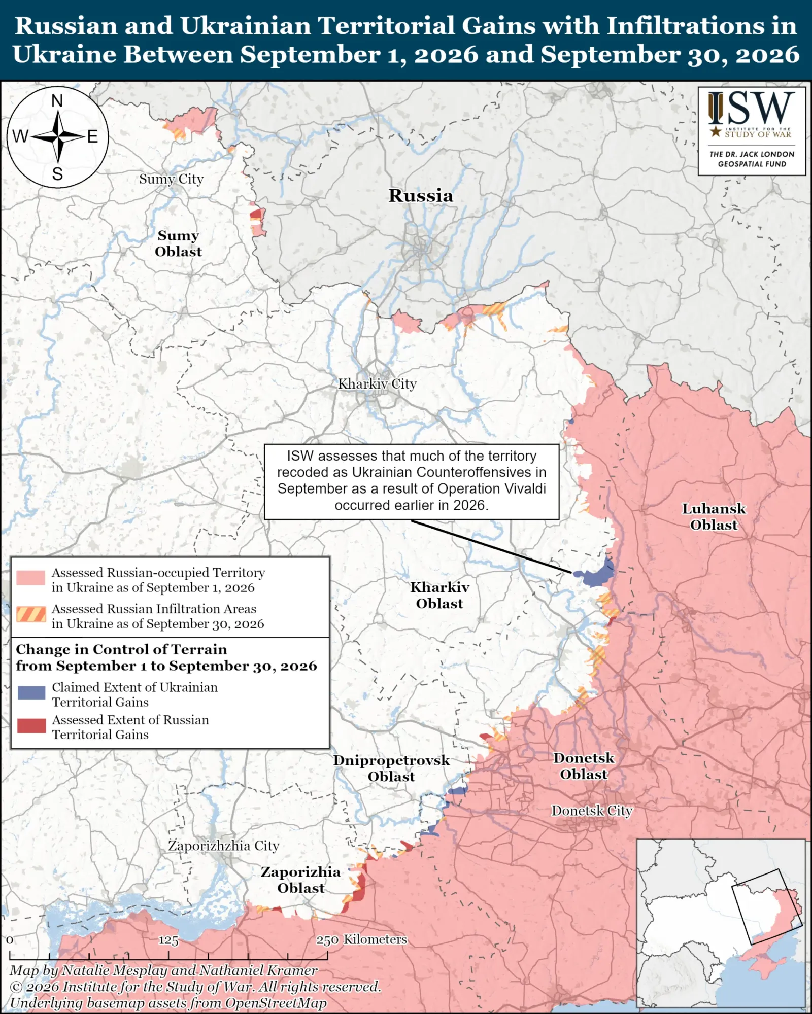 Institute for the Study of War map from October 1, 2026, shows territorial gains and infiltrations along the frontline of the Ukraine War.