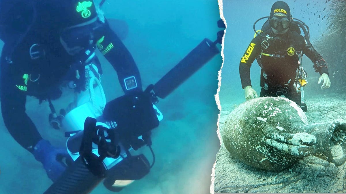 Split image of officers on seabed near amphorae