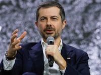 Former U.S. Secretary of Transportation Pete Buttigieg speaks during media day of the Detroit Auto Show in Detroit, Michigan, U.S. January 14, 2026. REUTERS/Rebecca Cook
