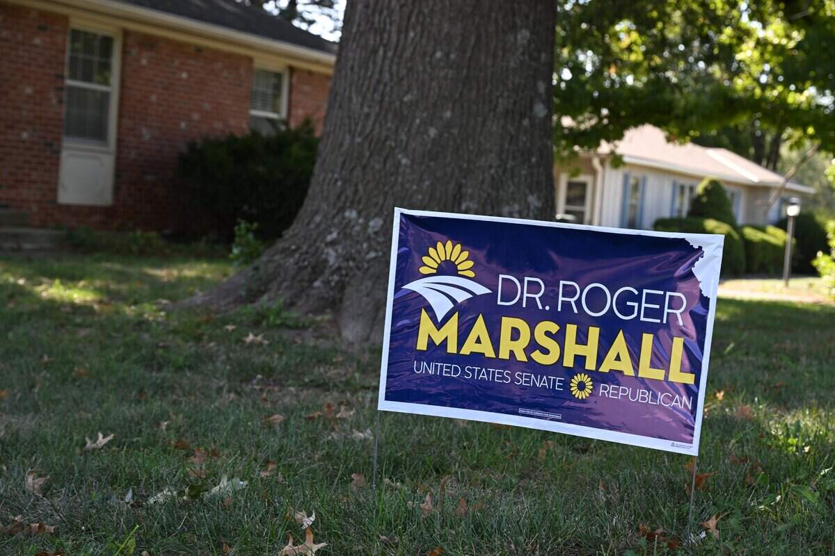 A campaign sign for Sen. Roger Marshall posted in a yard in Merriam, on Thursday, October, 8, 2026, in Kansas City.