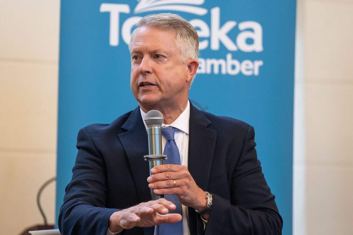U.S. Sen. Roger Marshall (R-Kansas) speaks at a legislative breakfast hosted by the Greater Topeka Chamber of Commerce at Grand Overland Station, on Friday, Oct. 16, 2026. Marshall, who rarely makes scheduled appearances, is facing a reelection challenge from Rev. Adam Hamilton, a Johnson County megachurch pastor.