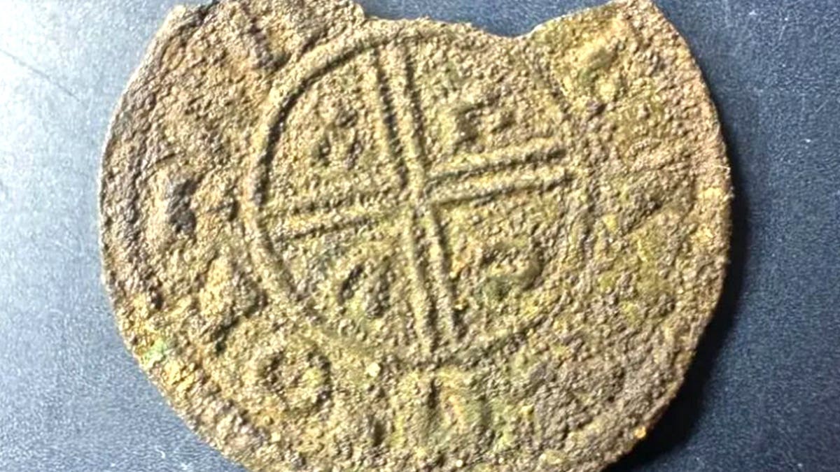 Close-up view of ancient coin