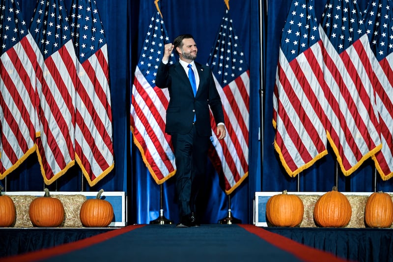 Vice President JD Vance walks on stage to deliver remarks at a campaign rally at Hyder Warehouse in Hendersonville, North Carolina, October 19, 2026.