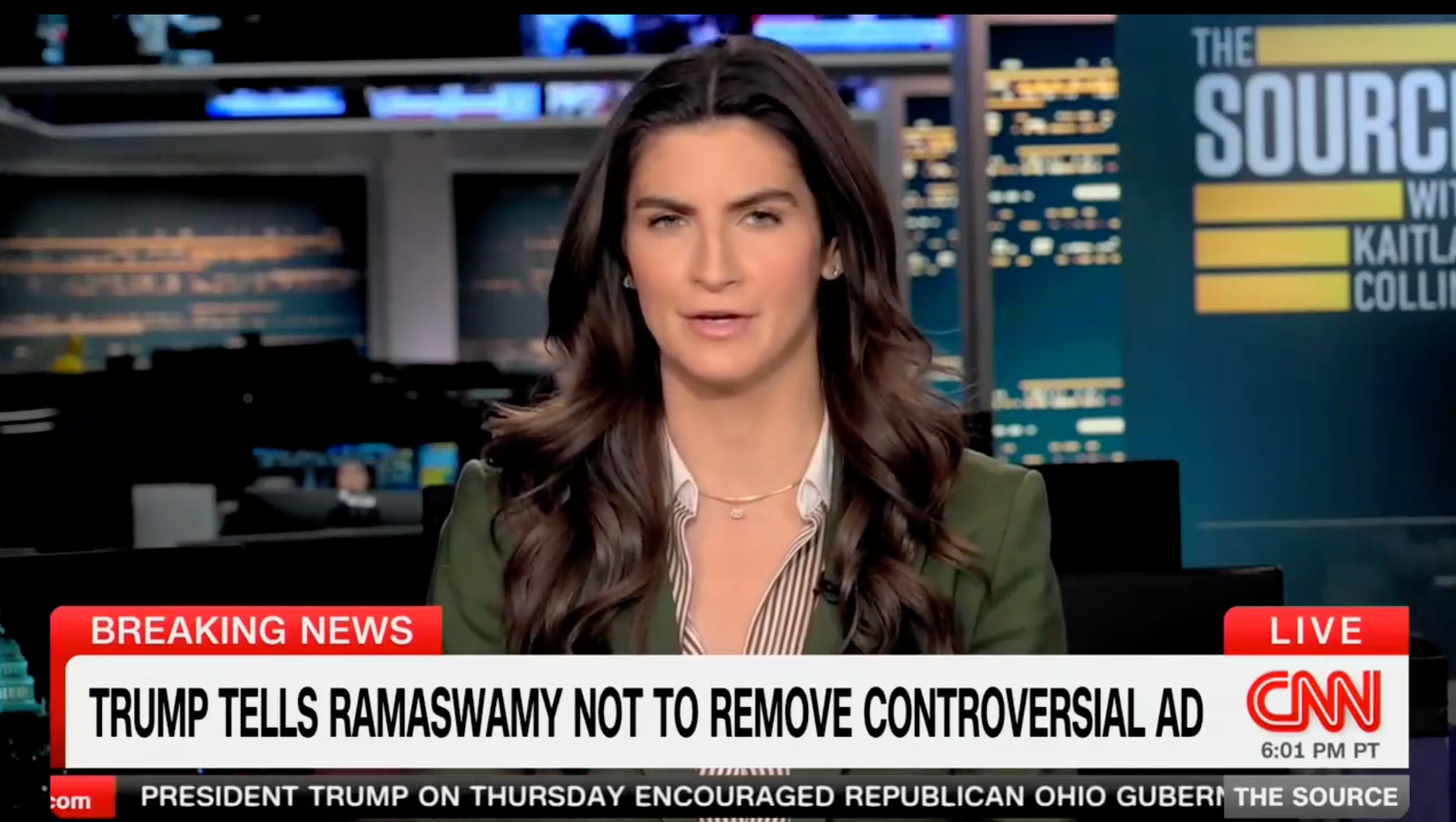 CNN anchor Kaitlan Collins tears into President Donald Trump's defense of Ohio Republican gubernatorial candidate Vivek Ramaswamy over his controversial attack ad on rival Amy Acton