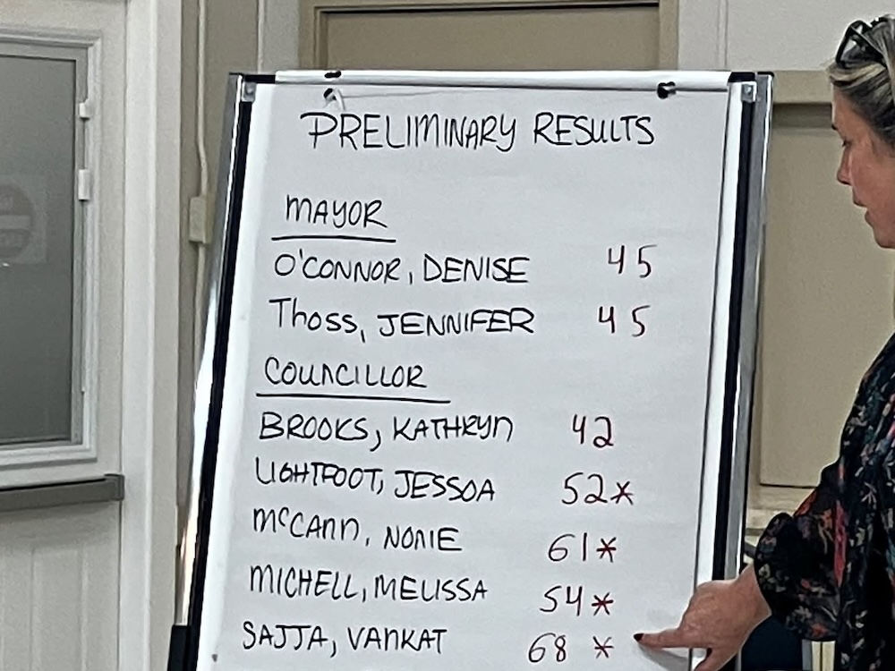 A woman points to an easel showing results from Lytton's civic election written in Sharpie.