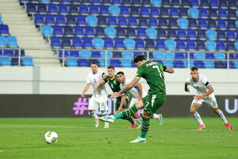 Troy Parrott scores a penalty for Ireland. Photograph: Srdjan Stevanovic/Getty Images
