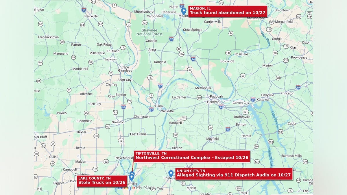 Map showing the Northwest Correctional Complex in Tiptonville, Tennessee, where convicted murderer Jacob Allen Morley escaped Oct. 26; Lake County, where a truck was stolen; Union City, where a possible sighting was reported; and Marion, Illinois, where the truck was found abandoned Oct. 27.