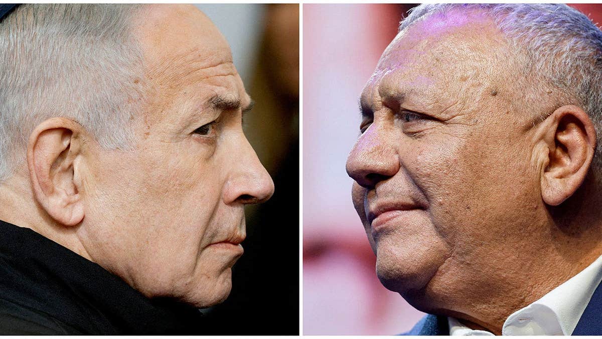 A combination picture shows Israeli Prime Minister Benjamin Netanyahu as he attends a memorial service held for Ran Gvili, an off-duty police officer who was killed fighting militants that had infiltrated Israel during the deadly October 7, 2023, attack by Hamas, and the last hostage recovered from Gaza, in Meitar, Israel, January 28, 2026, and Israeli opposition leader and former military chief, Gadi Eisenkot, as he launches an election campaign for Yashar