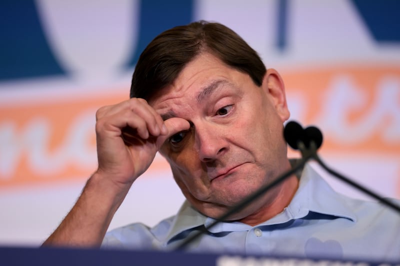 BANGOR, MAINE - JULY 25: Troy Jackson speaks as he became the Maine Democratic Party's choice to be their U.S. Senate nominee to replace Graham Platner on the ballot in November on July 25, 2026, in Bangor, Maine. Troy Jackson will face off against Sen. Susan Collins (R-ME) in the general election. (Photo by Joe Raedle/Getty Images)