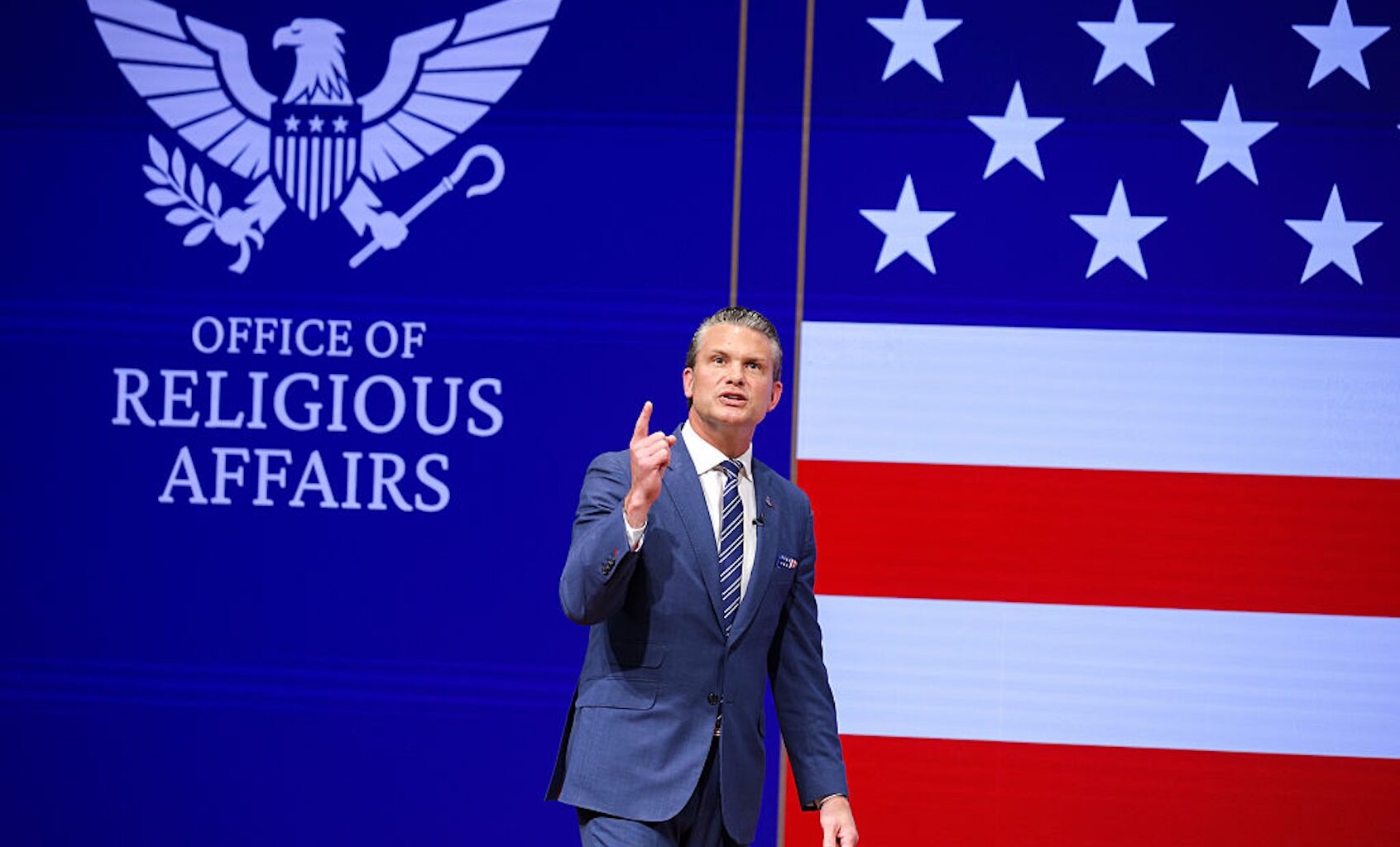Defense Secretary Pete Hegseth announces a new Office of Religious Affairs as he gives a State of the Force address at Marine Corps Base Quantico on Sept. 30, 2026. (Alex Wong/Getty Images)