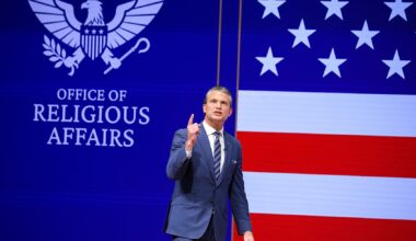 Defense Secretary Pete Hegseth announces a new Office of Religious Affairs as he gives a State of the Force address at Marine Corps Base Quantico on Sept. 30, 2026. (Alex Wong/Getty Images)