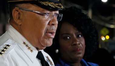 Philadelphia Police Commissioner Kevin Bethel and Mayor Cherelle L. Parker during an emotional news conference in front of Penn Presbyterian Medical Center on Saturday, October 10, 2026.