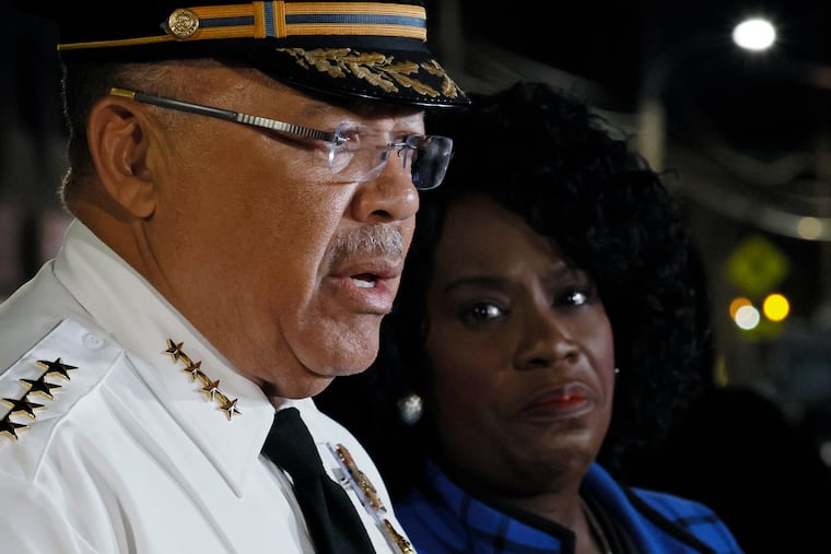 Philadelphia Police Commissioner Kevin Bethel and Mayor Cherelle L. Parker during an emotional news conference in front of Penn Presbyterian Medical Center on Saturday, October 10, 2026.
