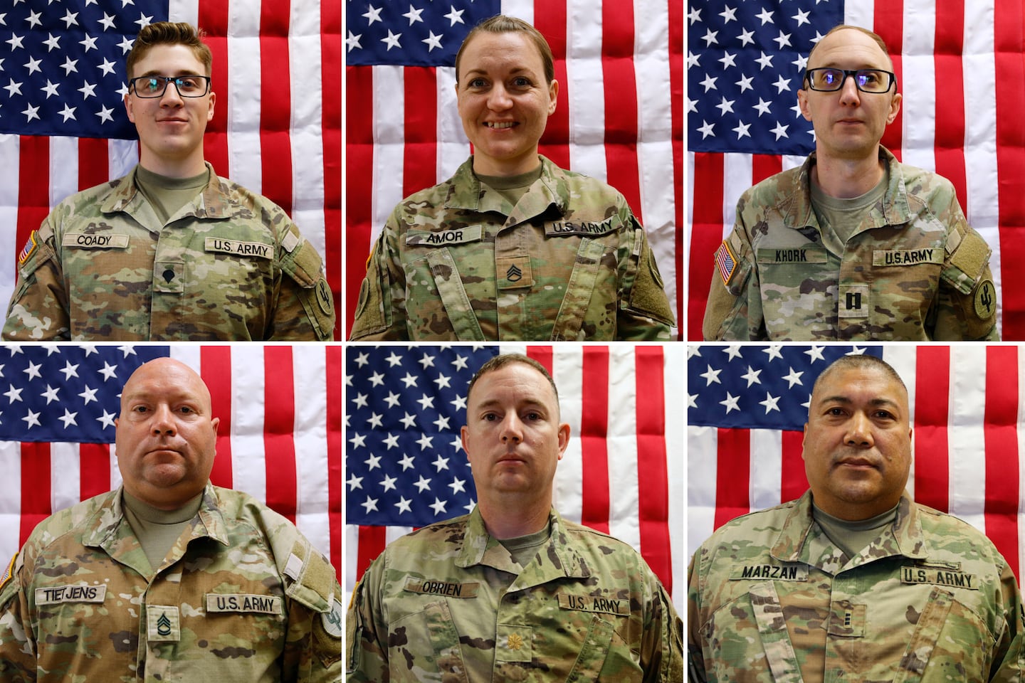 This combination of photos released by the U.S. Army taken on May 16, 2025, shows from top left, Sgt. Declan Coady, Master Sgt. Class Nicole Amor, Maj. Cody Khork, Master Sgt. Class Noah Tietjens, Maj. Jeffrey O’Brien and Chief Warrant Officer 3 Robert Marzan, after they were killed following an Iranian drone strike on March 1, 2026, in Port Shuaiba in Kuwait.
