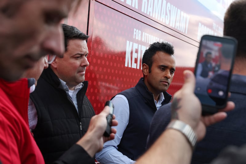 Ohio gubernatorial Republican candidate Vivek Ramaswamy speaks to the media after a campaign stop during his 2026 Ohio Republican Bus Tour in Strongsville, Ohio, US, October 23, 2026. REUTERS/Shannon Stapleton