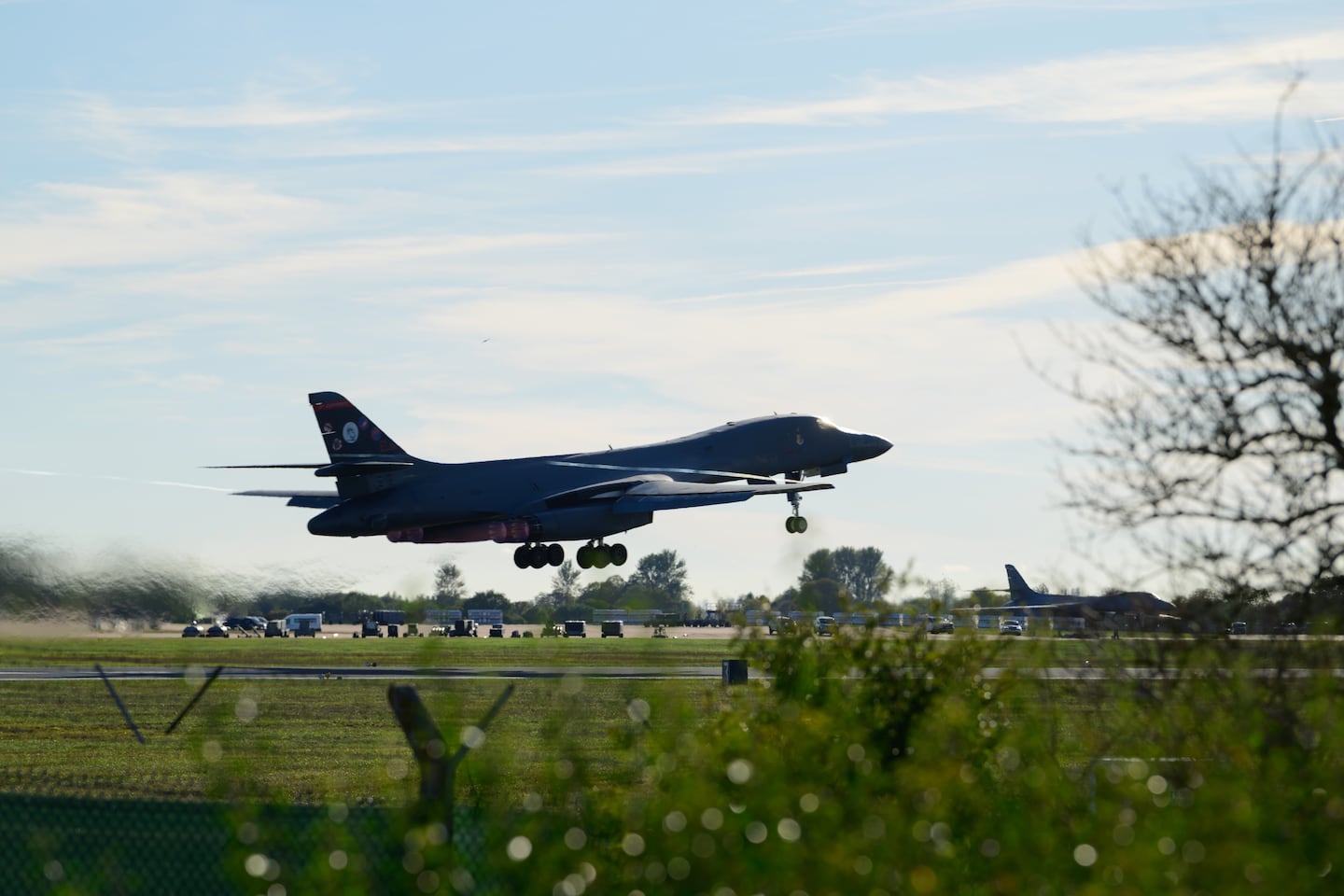 A Rockwell B1 Lancer heavy bomber takes off from runway 27 to depart for home at RAF Fairford on October 04, 2026 in Fairford, United Kingdom.