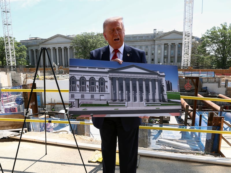 U..S. President Donald Trump speaks at the site of ongoing construction of the planned White House ballroom in Washington, D.C., U.S., May 19, 2026. REUTERS/Kevin Lamarque