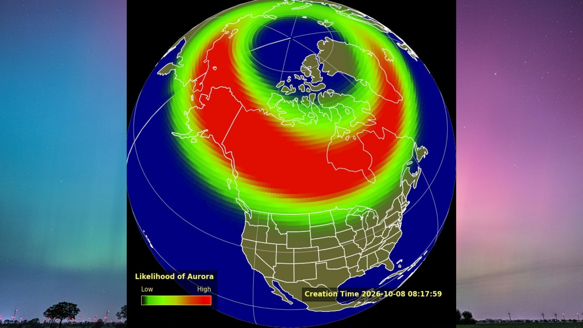 a map showing the possible spread of auroras over the US tonight. In the background the sky is filled with pink purple and green auroras.