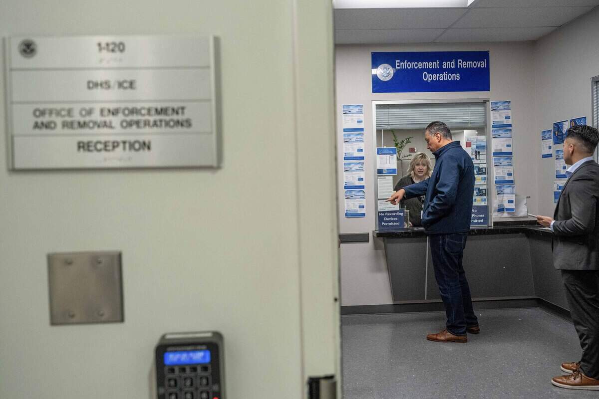 Sen. Alex Padilla waits inside the John E. Moss Federal Building to request a tour of the ICE Enforcement and Removal Operations holding center and to monitor the conditions inside on Thursday. He was allowed to tour, although he didn’t give them any advance notice.