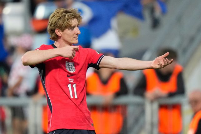 England's Anthony Gordon celebrates after scoring thrid goal during the Nations League soccer match between Croatia and England in Rijeka, Croatia, Saturday, Oct. 3, 2026. (AP Photo/Darko Bandic)