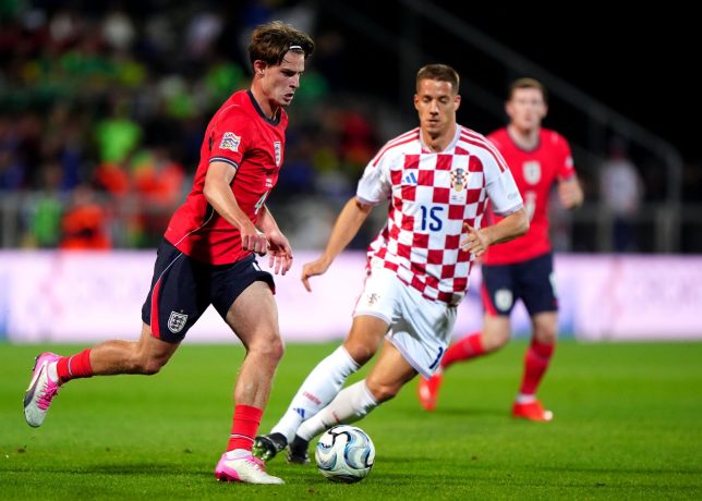 England's Alex Scott battle for the ball with Croatia???s Mario Pasalic during the UEFA Nations League, league phase, group A3 match at the Stadion HNK Rijeka, Prague. Picture date: Saturday October 3, 2026. PA Photo. Photo credit should read: Bradley Collyer/PA Wire. RESTRICTIONS: Use subject to FA restrictions. Editorial use only. Commercial use only with prior written consent of the FA. No editing except cropping.