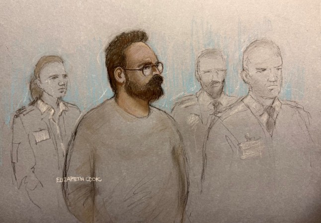 Court artist sketch by Elizabeth Cook of Joshua Kerry, 28, appearing at Westminster Magistrates' Court in London where is accused of one count of preparation of terrorist acts relating to alleged activity between May 31 2024 and July 8 2026. The man accused of murdering Ann Widdecombe allegedly carried out research into a number of prominent people and individuals before a terror plot at Nigel Farage's home. Picture date: Wednesday October 7, 2026. PA Photo. Photo credit should read: Elizabeth Cook/PA Wire