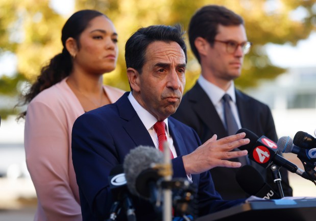 Santa Clara County District Attorney Jeff Rosen, center, speaks to the media about Gabrielle Hanson and Jacob Randolph arraignment outside of the Hall of Justice in San Jose, Calif., on Tuesday, Oct. 13, 2026. They have been criminally charged in the alleged neglect death of 8-year-old Aurora Williams. (Nhat V. Meyer/Bay Area News Group)