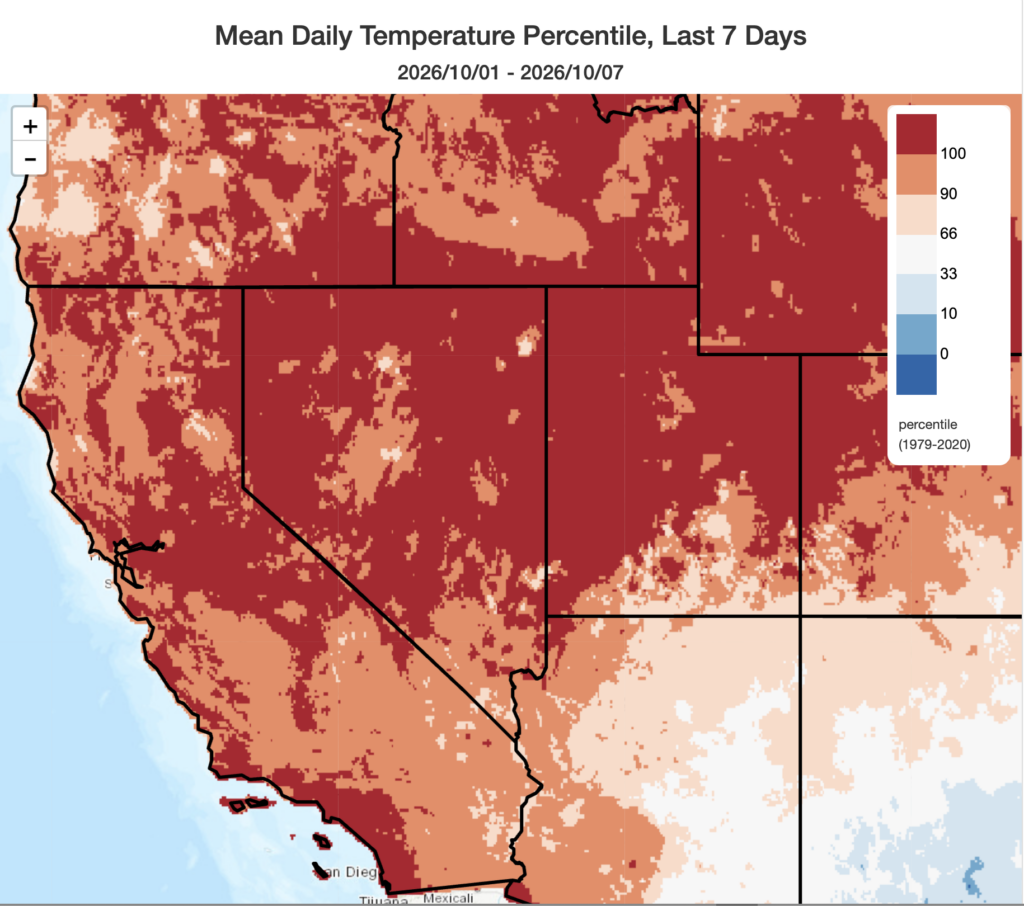 Map depicting the relative anomalousness of temperatures over the past week. Across much of California and the interior West, 2026 featured the hottest start to October on record. (climatetoolbox.org)