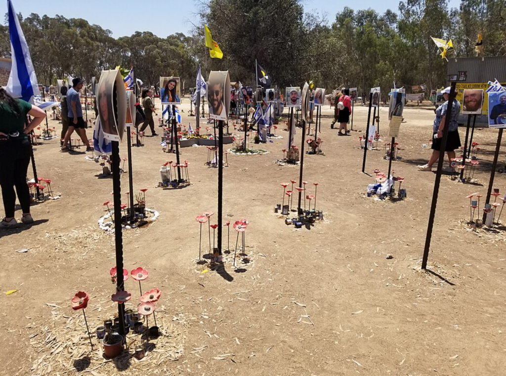 A memorial honors those killed during the Hamas-led attack on the Nova Music Festival in southern Israel on Oct. 7, 2023. Among those taken hostage at the festival was Hersh Goldberg-Polin.