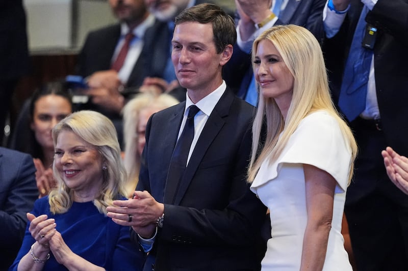 Jared Kushner and Ivanka Trump looking on as President Donald Trump speaks to the Knesset, Israel's parliament, Monday, Oct. 13, 2025, in Jerusalem.