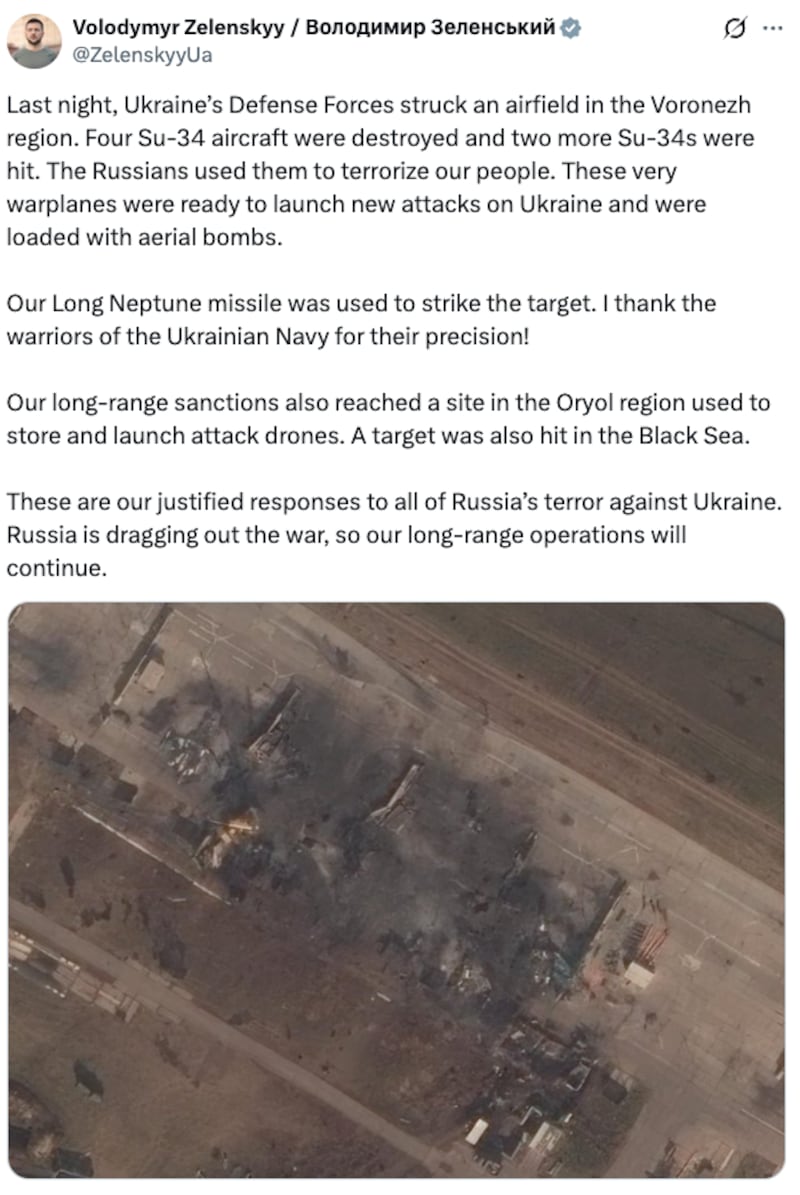 Zelensky on Thursday announced a strike overnight that had destroyed four Russian warplanes and hit another two, vowing to continue operations on targets inside Russia.
