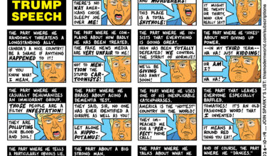 A cartoon by Tom Tomorrow showing Trump giving a speech, hitting all of his usual talking points.