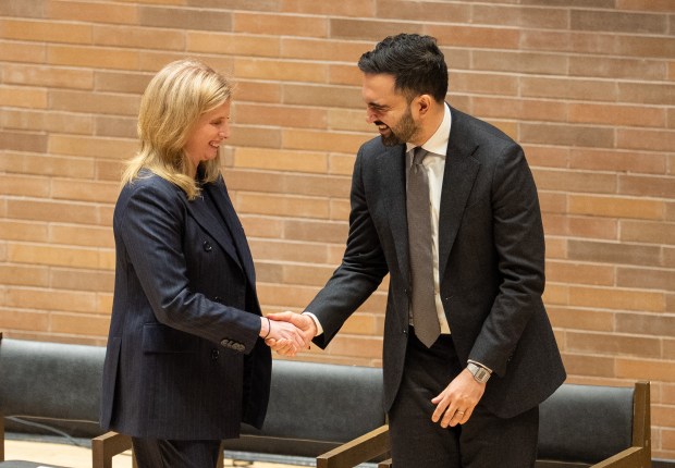 NYPD Commissioner Jessica Tisch shakes Mayor Zohran Mamdani's hand at One Police Plaza on Wednesday, March 3, 2026 in Manhattan, New York. (Barry Williams/ New York Daily News)