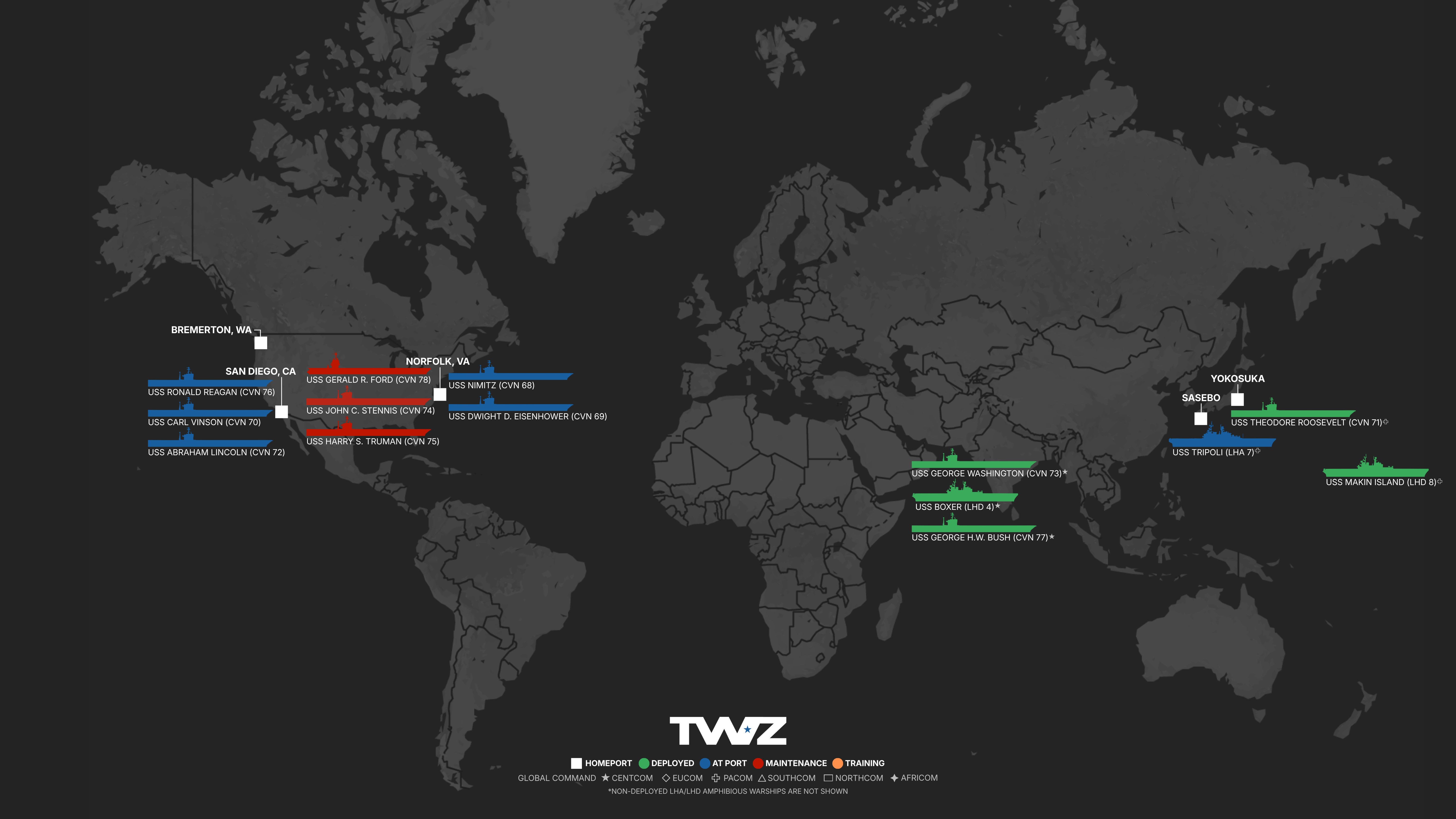 Detailed graphic showing the current position of America's fleet of eleven aircraft carriers around the world, created by TWZ and Ian Ellis-Jones.