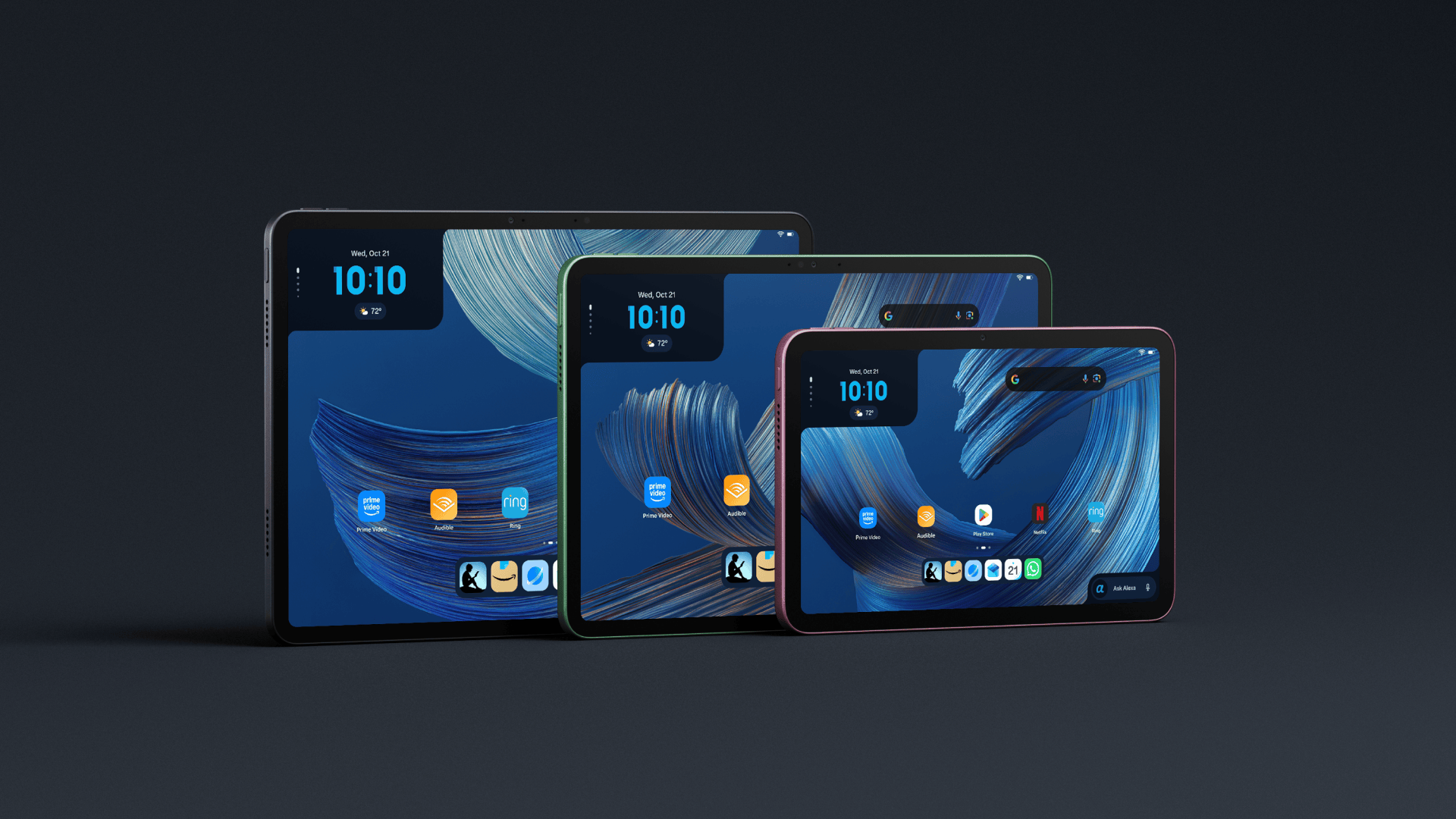 A photo of three Alexa Tablets on a black background.