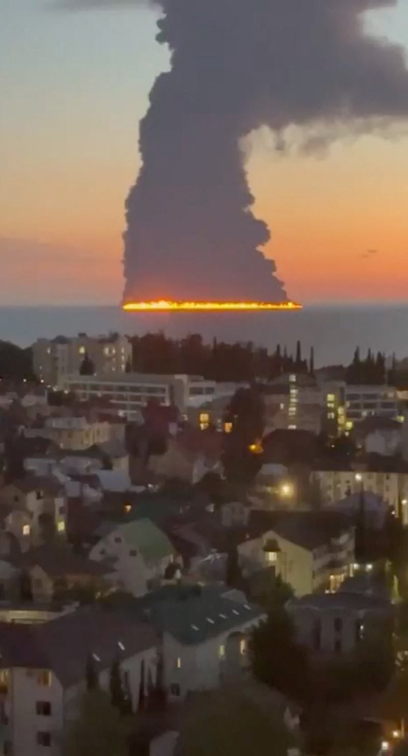 Smoke rises from a tanker that caught fire after coming under attack from an unmanned vessel, according to the Russian Transport Ministry, in Sochi, Russia, October 6, 2026, in this screen grab obtained from a social media video. SOCIAL MEDIA/via REUTERS  THIS IMAGE HAS BEEN SUPPLIED BY A THIRD PARTY. MANDATORY CREDIT. NO RESALES. NO ARCHIVES.  Verification: Reuters verified the location from the buildings, vegetation and shoreline, which matched archive and satellite imagery. Russian regional authorities in the settlement of Sirius said on Tuesday (October 6) that a tanker had caught fire in the Black Sea. According to the Russian Transport Ministry the tanker Aframax Rio was attacked by an unmanned vessel. Latest vessel tracking data from October 5 shows the Aframax Rio in the Black Sea, off the coast of Sirius. No older versions of the video were found posted online before October 6.