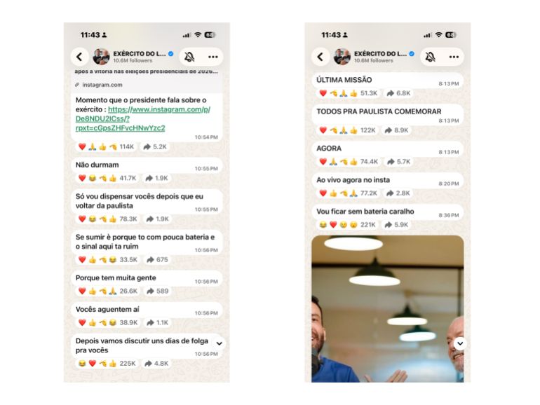 Screenshots from Andre Janones’s WhatsApp channel, Exército do Lula, or “Lula’s Army,” show messages urging supporters to gather on São Paulo’s Paulista Avenue to celebrate Luiz Inacio Lula da Silva’s election victory on October 25, 2026 [Exército do Lula]