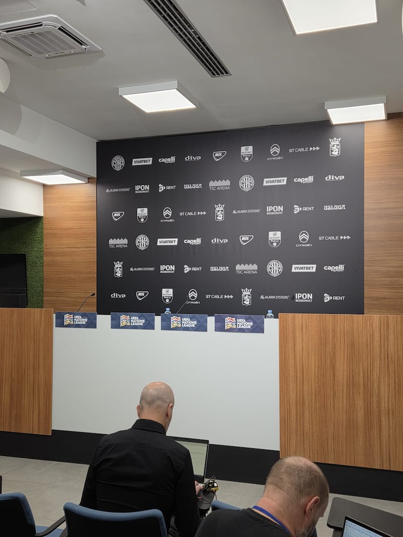The press conference room in Backa Topola. Photograph: Gavin Cooney