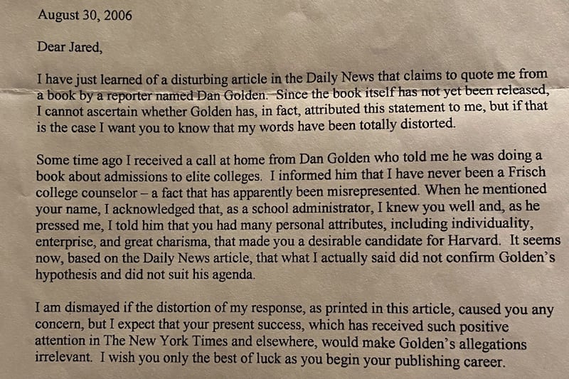 A 2006 letter from Jared Kushner's school administrator that he shared while claiming his high school record had been distorted.