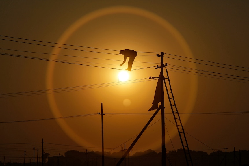 The sihuette of a man standing on power cables and working oin them at sunset