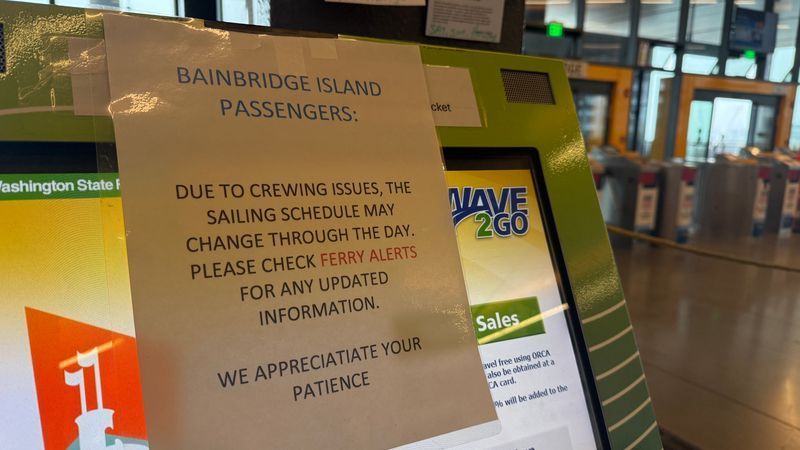 This sign was placed on a kiosk at Seattle's Colman Dock terminal on the morning of Oct. 5, 2026. (KOMO)