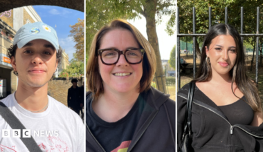 Composite image of three pictures of young voters standing in the street posing for a photo. There is one man and two women.