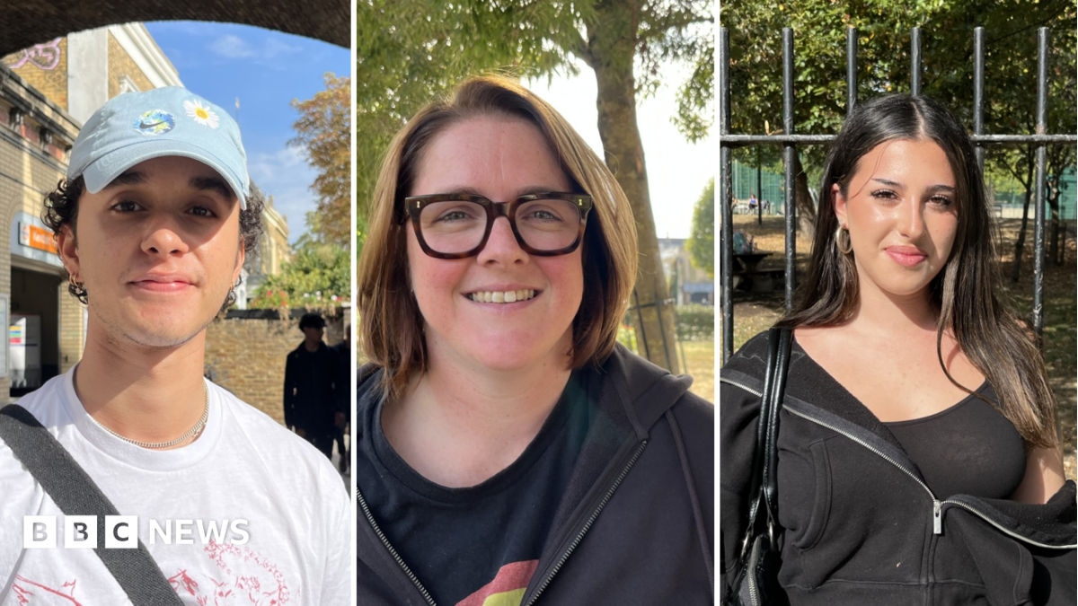 Composite image of three pictures of young voters standing in the street posing for a photo. There is one man and two women.
