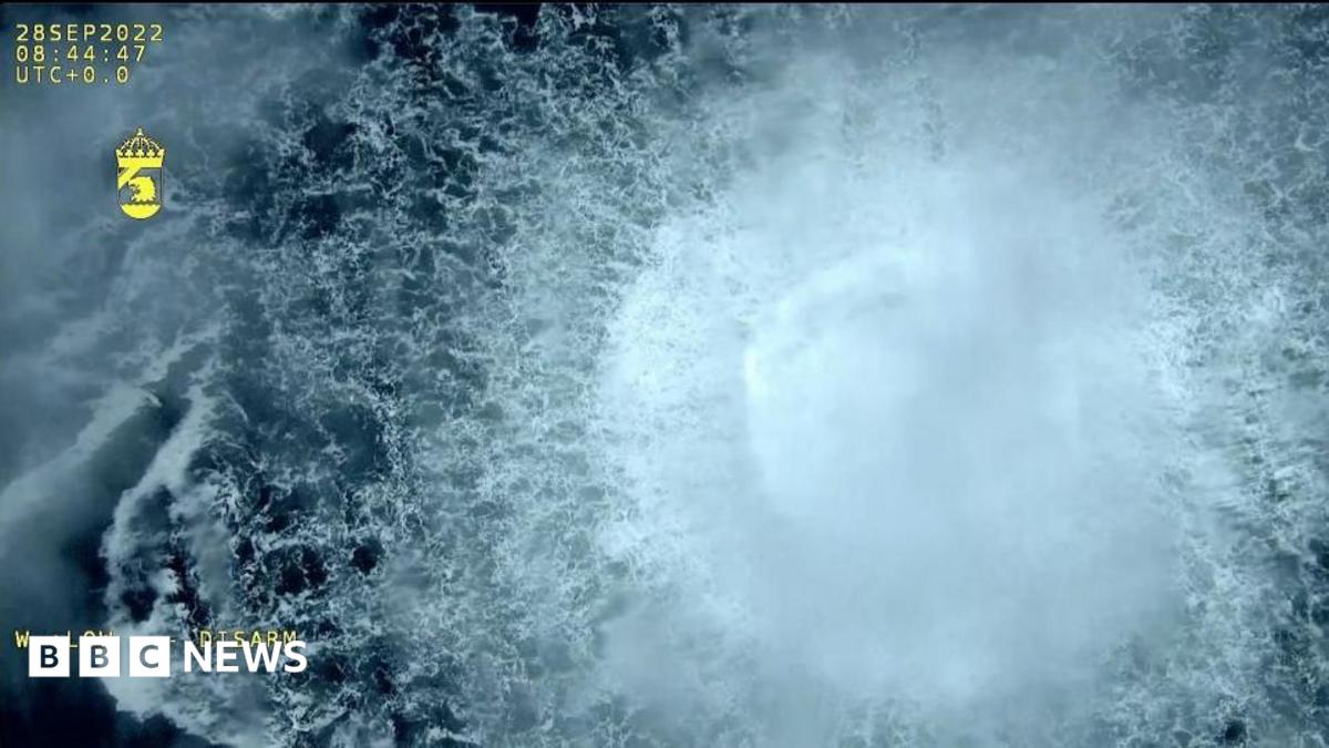 A screen grab from Danish Defense shows a gas leak causes bubbles on the surface of the water at Sea in Sweden on September 30, 2022