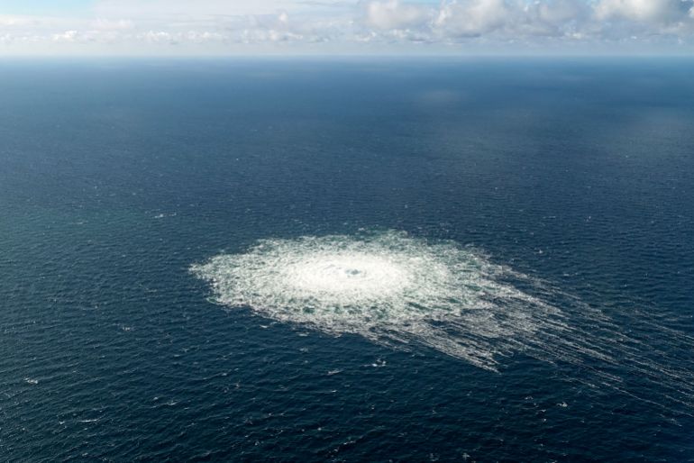 A handout picture released on September 27, 2022, by the Danish Defence Command shows the gas leak at the Nord Stream 2 gas pipeline