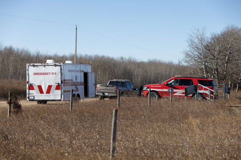 Firefighers and emergency services close to Canadian Forces Base Wainwright in Wainwright, Alberta, Canada, on October 18, 2026.