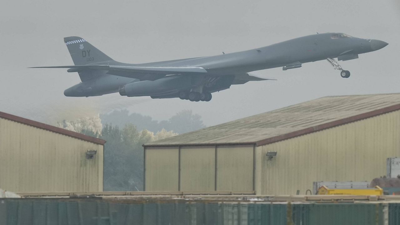 A B-1 bomber takes off from RAF Fairford in Fairford, England, Tuesday, Sept. 29, 2026. (AP Photo/Alastair Grant)