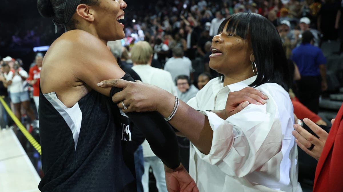 A'ja Wilson greets her mother Eva Wilson after a Las Vegas Aces playoff game.